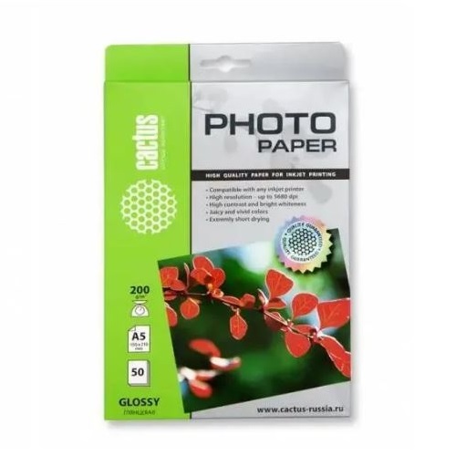Фотобумага Cactus CS-GA520050 A5/200г/м2/50л./белый глянцевое для струйной печати