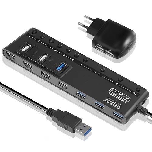 Разветвитель USB 3.0 Ginzzu GR-380UAB 10 port + adapter