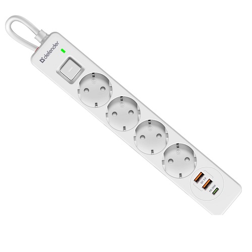 Сетевой фильтр 3м Defender DFS 143, 4розетки, USB+TypeC