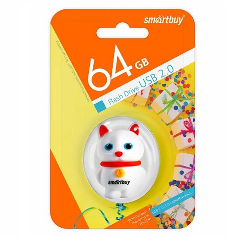 Карта памяти 64Гб Smartbuy Wild series Котенок Белый (SB64GBCatW)